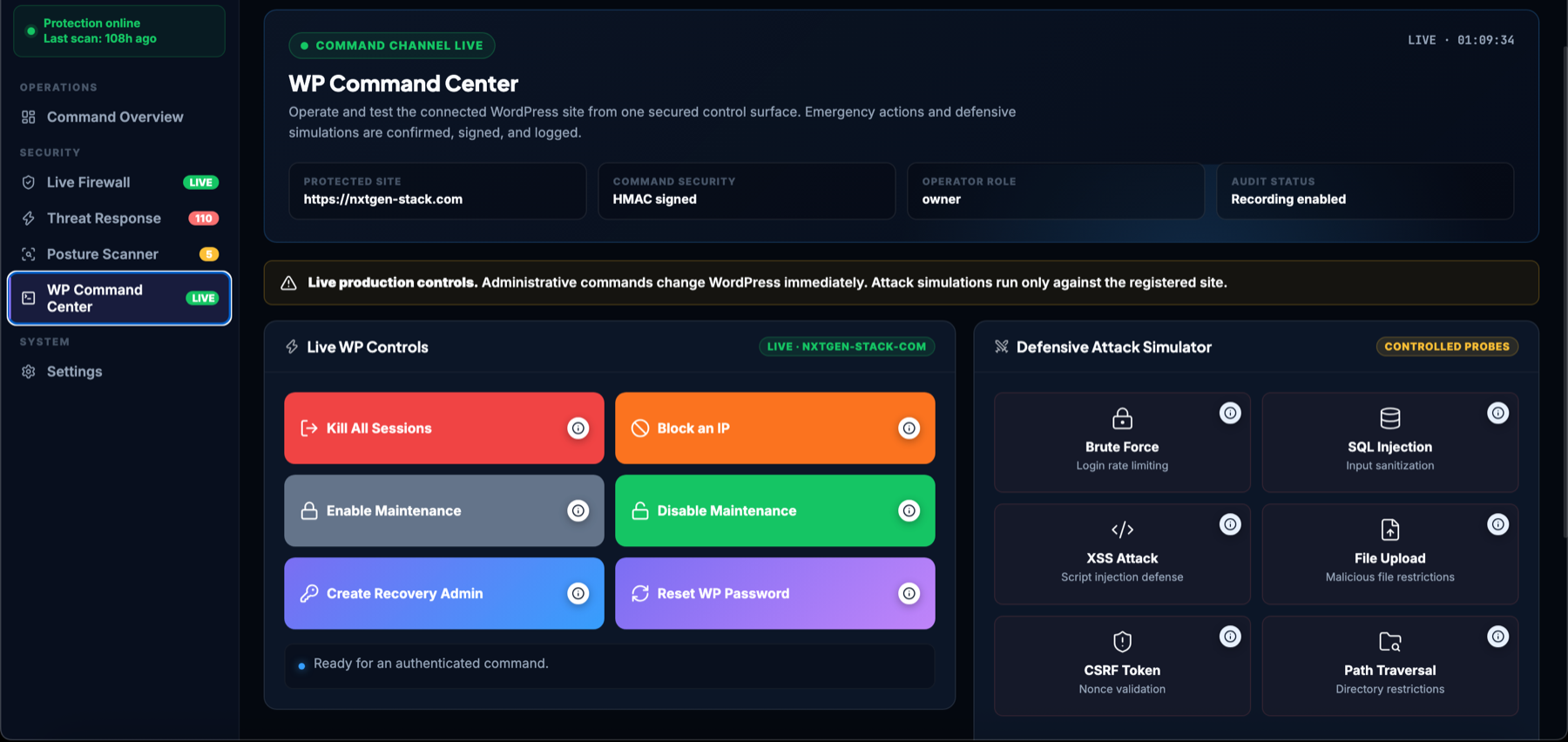 NxtGen Shield WP Command Center showing live WordPress controls, firewall and threat navigation, command security, and defensive attack simulations